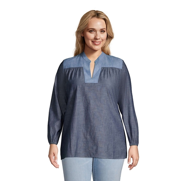 Lands End Blue Long Sleeve Casual Coastal Chambray Mix Peasant Top Size 1X - Picture 1 of 8